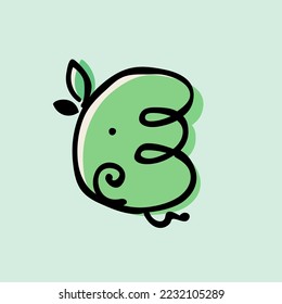 Letter E eco-friendly logo. Hand-drawn style with rough marker and paint shift effect. Vector cartoon typeface for zero waste art, nature protection company, spring posters, vegan food packaging, etc.