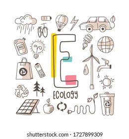 Letter E - Ecology, cute alphabet series in doodle style, vector illustration