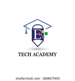 Letter E education and academy logo concept with pencil and toga hat for techno theme