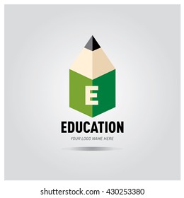 Letter E Education logo concept with pencil and book icon. Logo design template for education purposes
