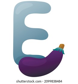 Letter E and eggplant against white background, educational card. English vocabulary and alphabet, vector for children, learning aid in kindergarten and school