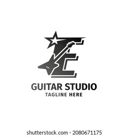 letter E electric guitar and star decoration vector logo design element