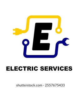 Letter E electric logo. Initial E electric service icon vector illustration design template. Electric Industrial with black blue yellow colour. Engineer Logo symbol