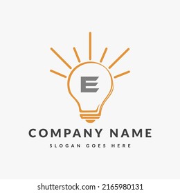 Letter E Electric Logo, Letter E With Light Bulb Vector Template. 