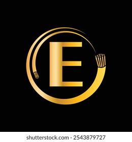 Letter E with electric wire, optical fiber cable Logo Design Vector Template.