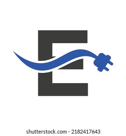 Letter E Electricity or Electrical Logo Concept with Electric Plug Vector Template