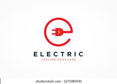 Letter E Electricity Logo. Circular Line Wire and Plug Icon with Flash Symbol inside. Flat Vector Logo Design Template Element.
