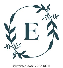 Letter E In Elegant Floral Oval Frame. Leafy Christmas Wreath. Vector  Illustration Isolated On White Background.