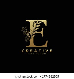 Letter E Elegant Gold  Beautiful Leaf Shape Logo Template