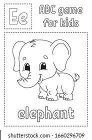 Letter E is for elephant. ABC game for kids. Alphabet coloring page. Cartoon character. Word and letter. Vector illustration.