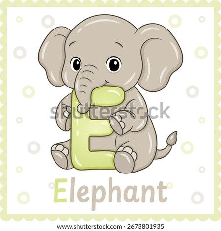 Letter E with Elephant Cute Educational Alphabet Flashcard for Kids