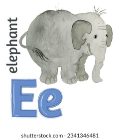 Letter E of the English alphabet with the image of a elephant in watercolor on a white background.