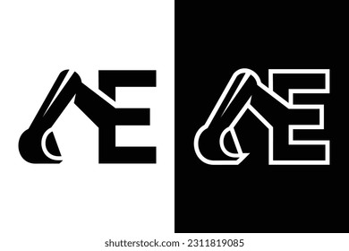 letter E with excavator concept black and white color, suitable for symbol, logo, company name, brand name, personal name, icon, identity and etc.