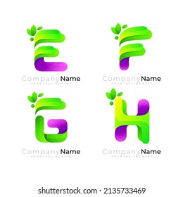 Buchstabe E, F, G, H mit Naturdesign-Illustration, grüner Farbe