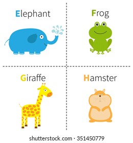 Letter E F G H Elephant Frog Giraffe Hamster Zoo alphabet. English abc with animals Education cards for kids Isolated White background Flat design Vector illustration