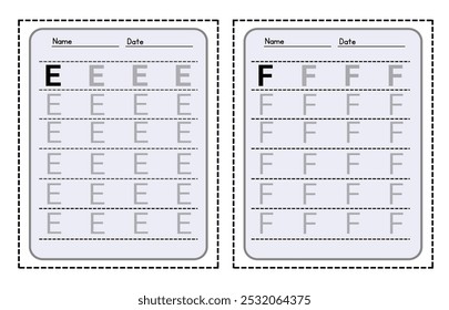 Letter E and F. trace uppercase abc alphabet worksheet for kids English vocabulary. Handwriting tracing practice vector illustration