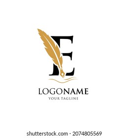 Letter E Feather Pen Logo Design Vector Icon Graphic Emblem Illustration Background Template