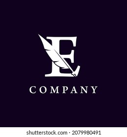 Letter E with Feather Quill Pen Notary Writer Journalist Logo Design Inspiration