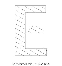 Letter E filled with diagonal stripes running from the top left to the bottom right corner. Kindergarten letter worksheets, coloring the letter E, with various colors as you wish.