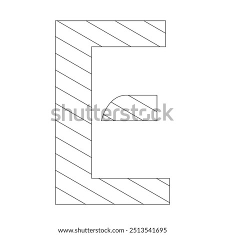 Letter E filled with diagonal stripes running from the top left to the bottom right corner. Kindergarten letter worksheets, coloring the letter E, with various colors as you wish.