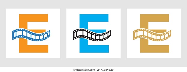 Letter E with Films Roll Symbol. Strip Film Logo For Movie Sign and Entertainment Concept