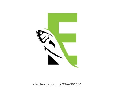 Letter E with fish logo design vector template