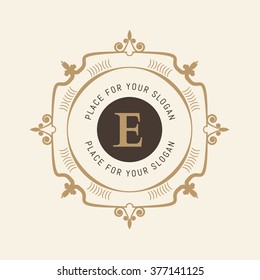 The letter E. Flourishes calligraphic monogram emblem template. Luxury elegant frame ornament line logo design vector illustration. Example designs for Cafe, Hotel, Heraldic, Restaurant, Boutique
