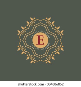 The letter E. Flourishes calligraphic monogram emblem template. Luxury elegant frame ornament line logo design vector illustration. Example designs for Cafe, Hotel, Heraldic, Restaurant, Boutique
