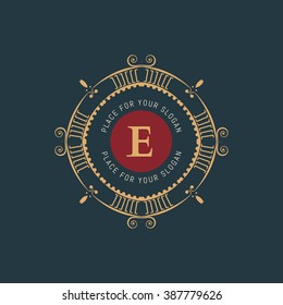 The letter E. Flourishes calligraphic monogram emblem template. Luxury elegant frame ornament line logo design vector illustration. Example designs for Cafe, Hotel, Heraldic, Restaurant, Boutique