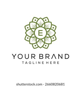 letter E flower leaves blooming logos design. pattern icon vector template.