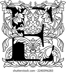 letra E ornamento floral Alfabeto monograma. Hermoso logo vectorial de letras mayúsculas florales
