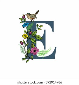 Letter E Flowers Bird On White Stock Vector (Royalty Free) 392914786 ...