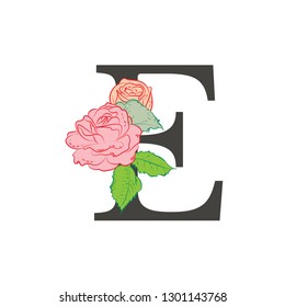 Letter E with flowers. Composition of the letter and floral elements on a white background. Illustration in vintage style in pastel colors.
