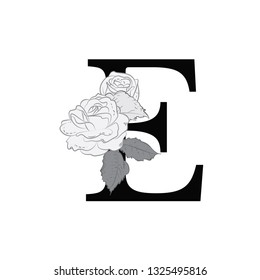 Letter E with flowers. The composition of flowers and letters. Latin letter in monochrome retro style. Stylish decorative composition for a logo, signboard, banner, print.