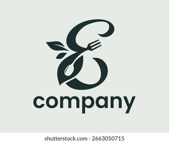 Letra E Hoja de Naturaleza de alimentos, diseño de logotipo de tenedor de cuchara culinario