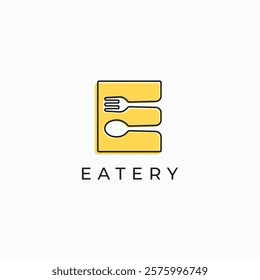 Letter E with fork and spoon linear logo. Elegant E monogram eatery, cafe, restaurant symbol sign logo design concept