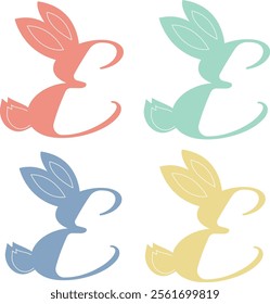 Letter E in the form of bunnies, rabbits in vector, ears and tail, pastel colors