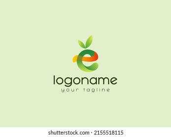 Letter E with fresh leaf gradient logo design vector