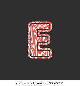 Letter E from fresh raw meat fish. Vector latin meat alphabet. Red meat salmon font for restaurants, butcher shop, farmers market, Salmon fillet marble texture, fish pattern. 