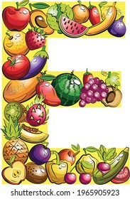 letter E. Fruit letters. Collage of colored fruits and vegetables on the letter of the alphabet