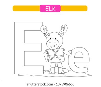 Letter E and funny cartoon elk. Coloring page. Animals alphabet a-z. Cute zoo alphabet in vector for kids learning English vocabulary. 