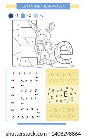 Letter E and funny cartoon elk. Animals alphabet a-z. Coloring page. Printable worksheet. Handwriting practice. Connect the dots.