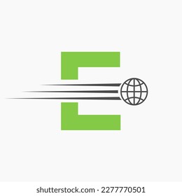 Letter E Global Logo Concept With Moving World Icon. Global Logotype Symbol Vector Template