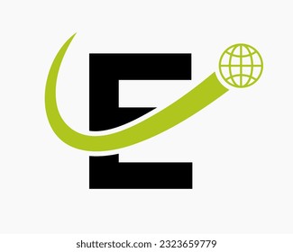 Letter E Global Logo Design. Vektor-Vorlage für das Weltlogotype-Symbol