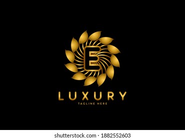 Letter E Golden Flower, Luxury logo template, circle ornament.
