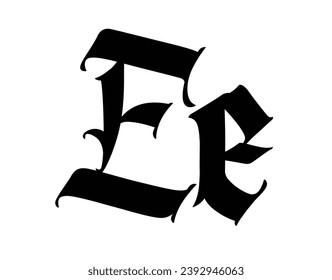 Letter E, in the Gothic style. Vector. Alphabet. The symbol is isolated on a white background. Calligraphy and lettering. Medieval Latin letter. Logo for the company. Monogram. Elegant font for tattoo