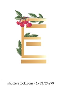 Letter E with gradient style beige color covered with green leaves and red berries eco font flat vector illustration isolated on white background