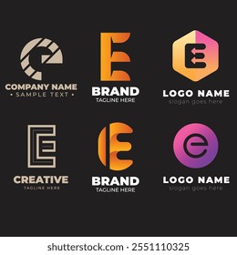 Modelo de design de logotipo técnico gradiente da letra E. Símbolo global abstrato com o logotipo de conexão circular.
