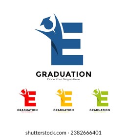 Letra E graduación con el símbolo de la tapa. Diseño del logotipo del vector. Adecuado para empresas, educación, nombre inicial, cartel y etiqueta