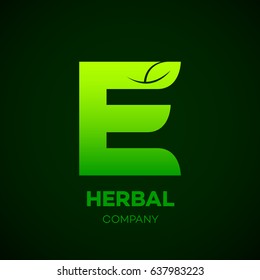 Letter E Green leaf, Herbal, Pharmacy, organic, natural, bio and eco friendly vector illustration